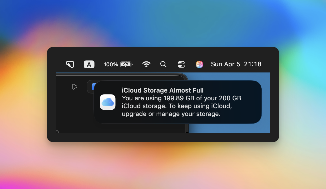 iCloud Storage Almost Full notification showing 199.89 of 200 GB